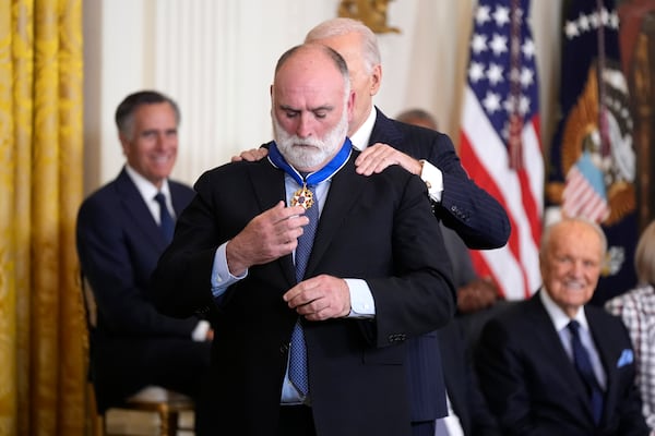 President Joe Biden presents the Presidential Medal of Freedom, the Nation's highest civilian honor, to Jose Andres in the East Room of the White House, Saturday, Jan. 4, 2025, in Washington. (AP Photo/Manuel Balce Ceneta)