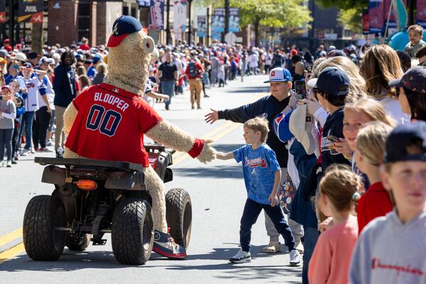 Braves mascot Blooper greets fans before the Braves home opening day game versus the Diamondbacks at Truist Park in Atlanta on Friday, April 5, 2024. (Arvin Temkar / arvin.temkar@ajc.com)