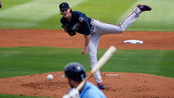 Braves starting pitcher Max Fried (54) delivers to a Tampa Bay Rays batter in the second inning of a spring training game Sunday, March 21, 2021, in Port Charlotte, Fla. (John Bazemore/AP)