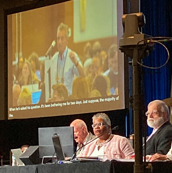 Bishop LaTrelle Easterling of the Baltimore-Washington Conference of the United Methodist Church fields a question from a delegate prior to Thursday's vote on whether to allow 23 congregations to disaffiliate over LGBTQ+ issues. (Jonathan Pitts/Baltimore Sun/TNS)