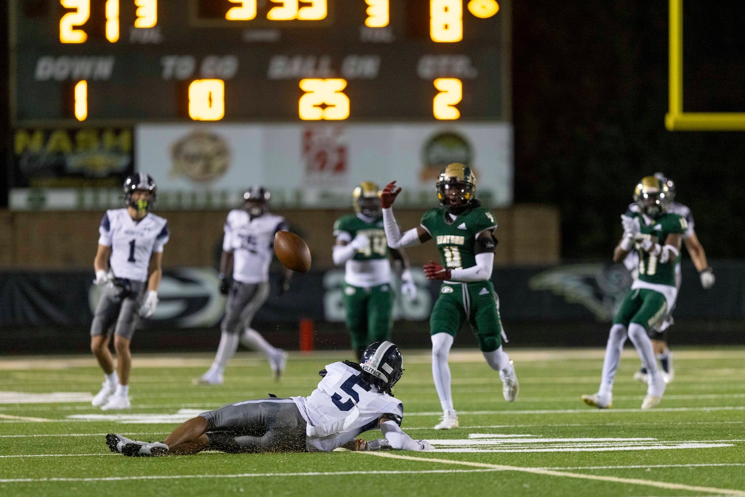 North Paulding’s Javarius George (5) fails to catch a pass during a GHSA High School Football game between the Grayson Rams and the North Paulding Wolfpack at Grayson High School in Loganville, GA., on Friday, November 17, 2023. (Photo/Jenn Finch)