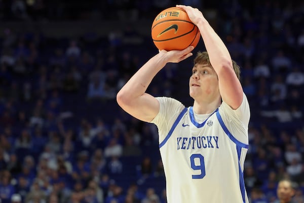 FILE - Kentucky's Trent Noah (9) launches a 3-point shot during the second half of an NCAA college basketball game against South Carolina in Lexington, Ky., Saturday, Feb. 8, 2025. (AP Photo/James Crisp, File)