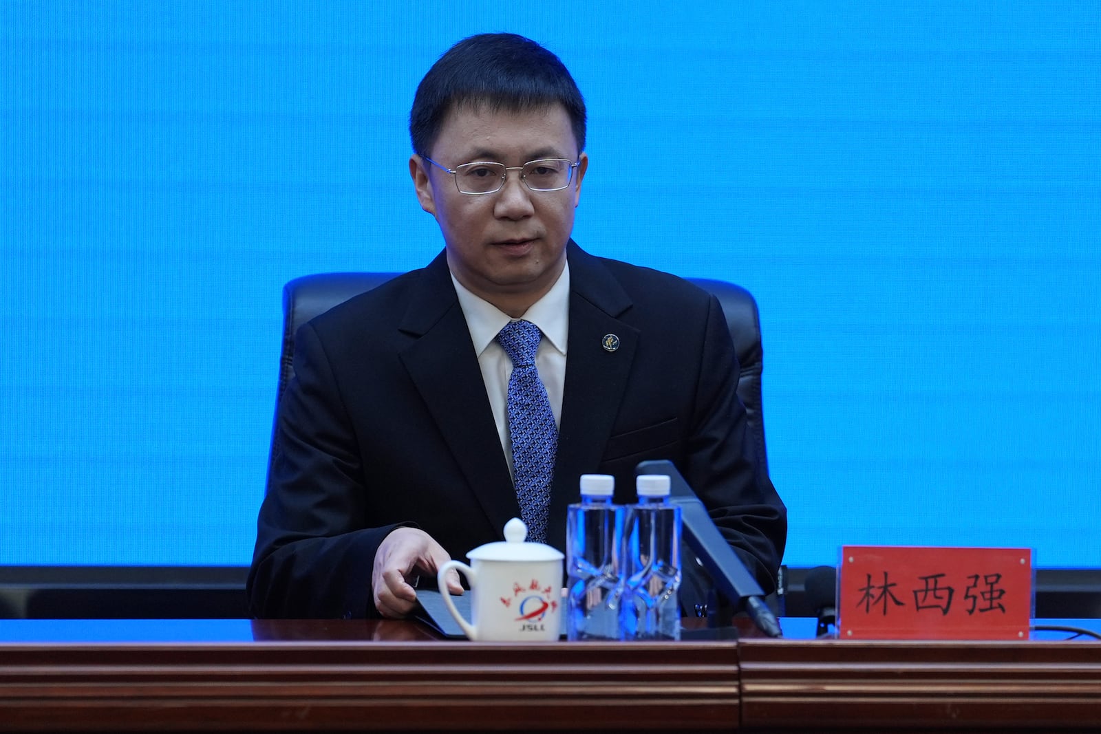 Lin Xiqiang, spokesperson of the China Manned Space Program and deputy director of the China Manned Space Agency, speaks during a press conference ahead of the Shenzhou-19 mission at the Jiuquan Satellite Launch Center in Jiuquan, northwestern China Tuesday, Oct. 29, 2024. (AP Photo/Ng Han Guan)