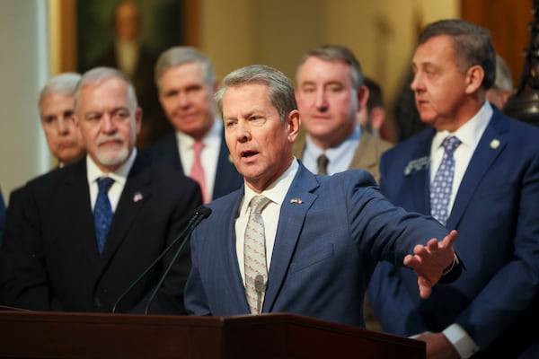 Georgia Gov. Brian Kemp speaks during a news conference to discuss education priorities on the first day of legislative session at the State Capitol, Monday, Jan. 13, 2025, in Atlanta. (Jason Getz/The Atlanta Journal-Constitution/TNS)