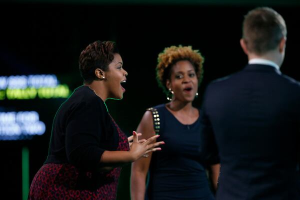  THE WALL -- "Ebony and Deanna" Episode 107 -- Pictured: (l-r) Ebony, Deanna, Chris Hardwick -- (Photo by: Ben Cohen/NBC)