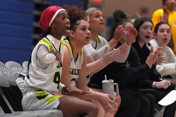 Lesley College basketball player Baileigh Sinaman-Daniel cheers with teammates during a basketball game against Vermont State Lyndon, Tuesday, Feb. 11, 2025, in Lexington, Mass. (AP Photo/Charles Krupa)