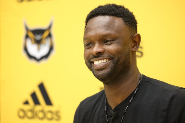 Kennesaw State University men’s basketball head coach Antoine Pettway speaks to members of the media at the Convocation Center on the Kennesaw State University campus, Tuesday, October 24, 2023, in Kennesaw, Ga. (Jason Getz / Jason.Getz@ajc.com)