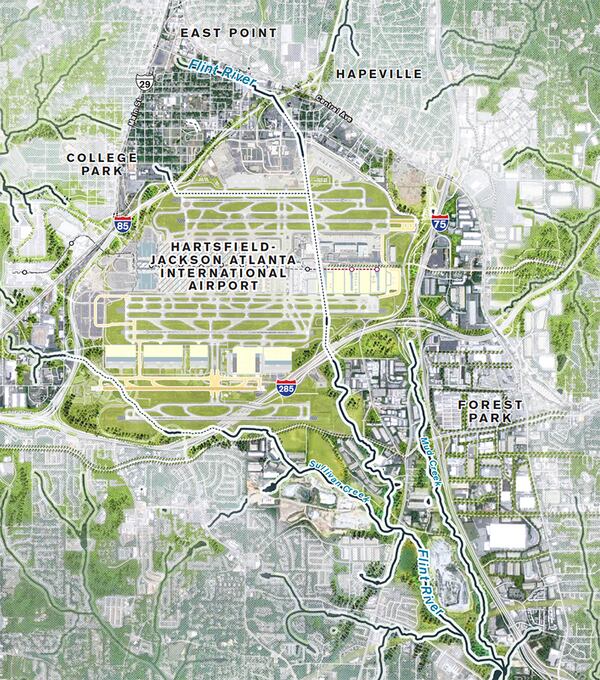 The Flint River begins just north of Hartsfield-Jackson International Airport, and a portion of it — marked here as a dotted line through the right-center of the airport — flows beneath it. (Finding the Flint)