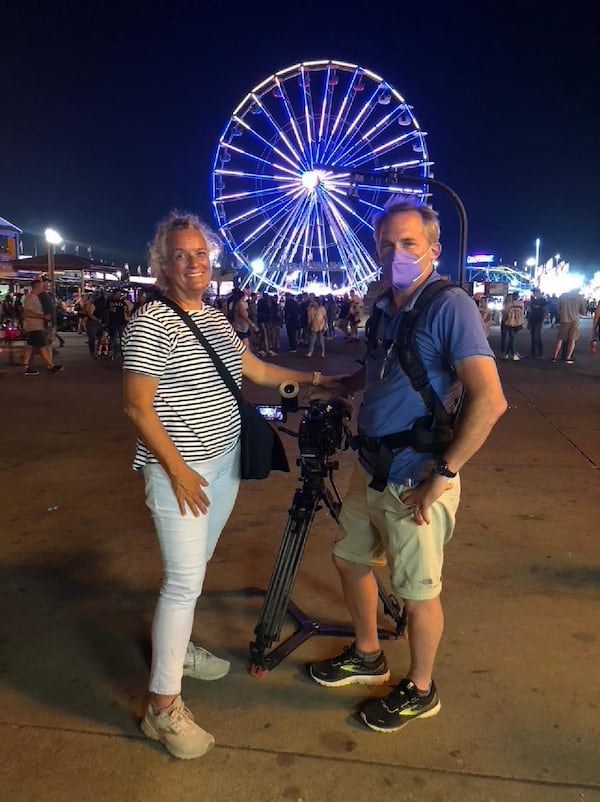 Director Elisa Gambino with her husband, cinematographer and editor Neal Broffman, filming on location in Iowa for "Wasteland."