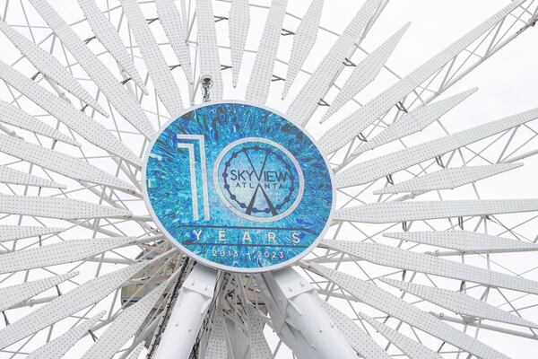 The SkyView Atlanta Observation Wheel marks its 10th anniversary in downtown Atlanta. On Saturday, July 15, 2023, a celebration was held.  (Steve Schaefer/steve.schaefer@ajc.com)