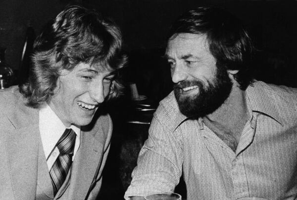 Nelson Skalbania (right, shown with a 17-year-old Wayne Gretzky) bought the Atlanta Flames and moved them to Calgary. AP file photo