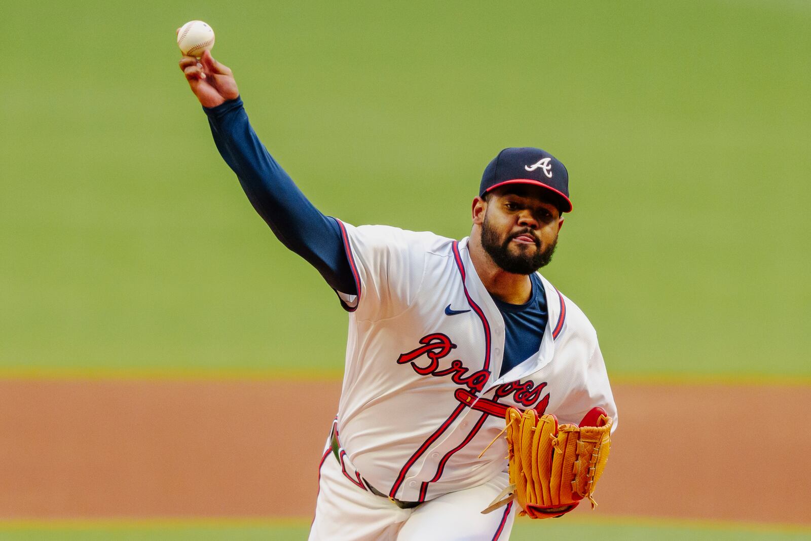 FILE - Atlanta Braves pitcher Reynaldo López throws in the first inning of a baseball game against the Colorado Rockies, Sept. 5, 2024, in Atlanta. (AP Photo/Jason Allen, File)