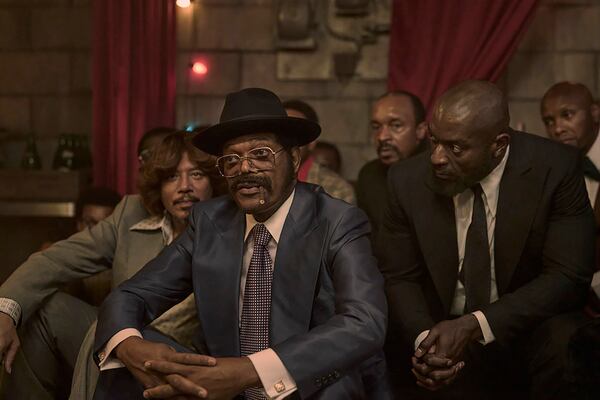 From left, Terrence Howard as Cadillac Richie, Samuel L. Jackson as Frank Moten and Michael James Shaw as Lamar in Peacock’s miniseries “Fight Night: The Million Dollar Heist.” The series is set in 1970 Atlanta. (Parrish Lewis/Peacock/TNS)