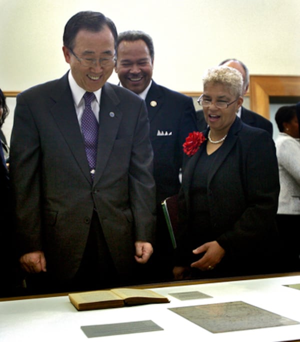 United Nations Secretary-General Ban Ki-moon viewed the Martin Luther King Jr. papers collection Thursday in honor of the Nobel laureate and his historic impact on civil and human rights around the globe. Here is Ban with Atlanta Mayor Shirley Franklin.