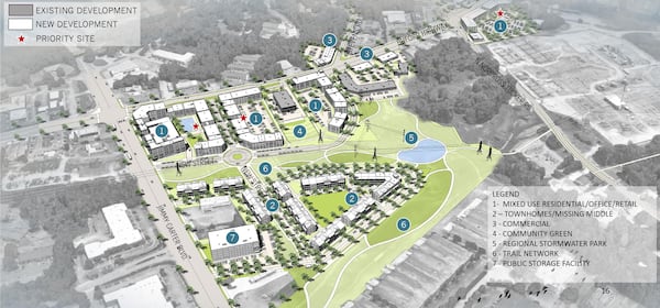 The southern end of Norcross at the intersection of Buford Highway and Jimmy Carter Boulevard. New trails, townhomes and mixed-use development could pop up along the roads. (Courtesy City of Norcross)