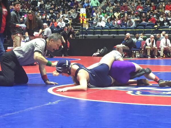 Kasey Baynon of Statesboro High School in Statesboro, Ga. wrestling Tripp Sauls of Villa Rica High School in the fifth place match of the 2018 GHSA Boys State Wrestling Championship on Feb. 10. (Bo Viness/ Statesboro Wrestling)