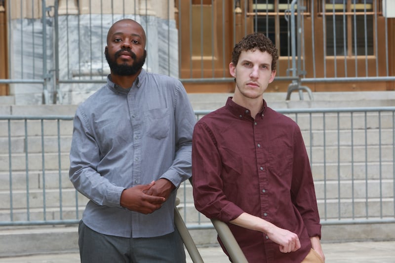 Portrait of The Atlanta Journal-Constitution’s City Hall Reporter Wilborn P. Nobles III (L) and Intown Atlanta hyperlocal reporter J.D. Capelouto (R). (Tyson Horne / tyson.horne@ajc.com)