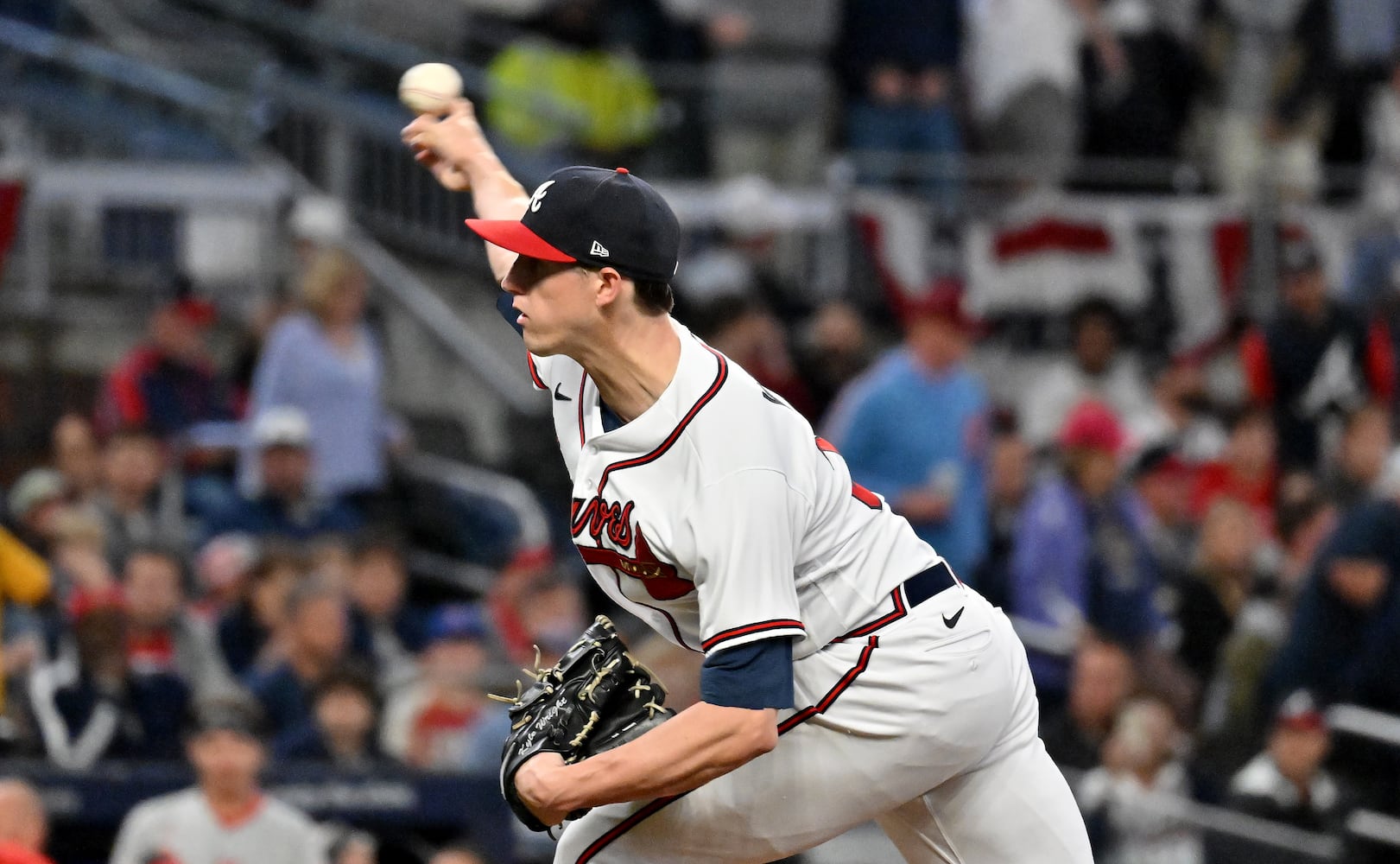 Atlanta Braves starting pitcher Kyle Wright (30) delivers to the Phillies during the first inning of game two of the National League Division Series baseball game at Truist Park in Atlanta on Wednesday, October 12, 2022. (Hyosub Shin / Hyosub.Shin@ajc.com)