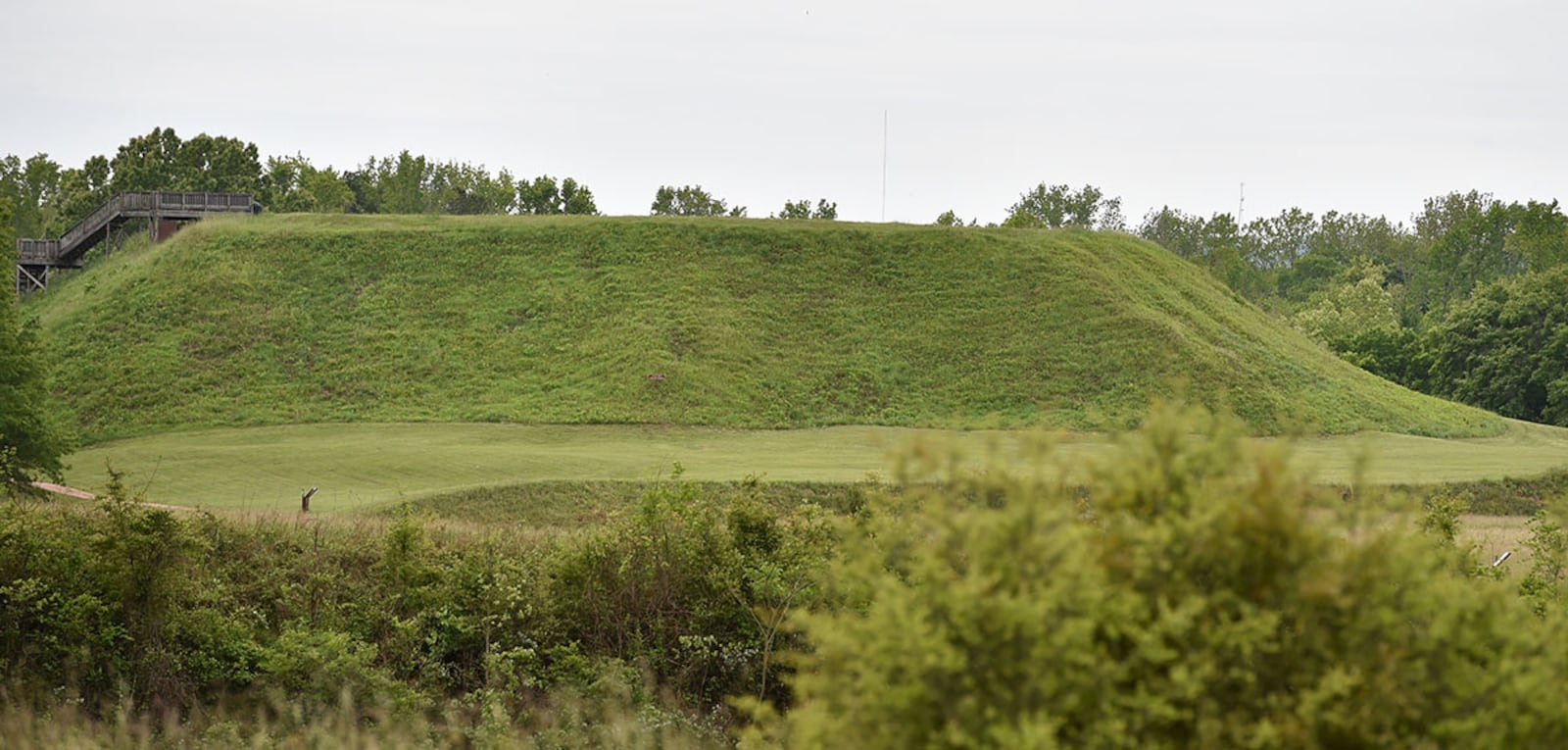 The Great Temple Mound, in the Ocmulgee Mounds National Historic Park, rises nine stories high. BRANT SANDERLIN/BSANDERLIN@AJC.COM