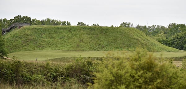 The Great Temple Mound, in the Ocmulgee Mounds National Historic Park, rises nine stories high. BRANT SANDERLIN/BSANDERLIN@AJC.COM