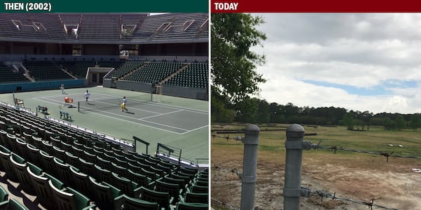 The Stone Mountain Tennis Center was built to host the tennis events for the 1996 Summer Olympic Games. The stadium, which sat 12,000 fans during the Games, was surrounded by 15 outer courts. After the Olympics, the stadium was reconfigured to 7,200 seats and continued to host tennis events. Over time, it fell into disuse and was demolished in 2017. The land has been cleared. (Phil Skinner, Tyler Estep / AJC)