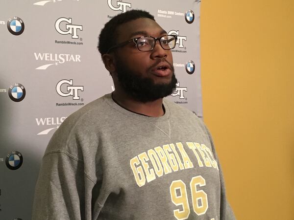 Georgia Tech nose tackle Chris Martin addresses the media on April 11, 2018 at Bobby Dodd Stadium. (AJC photo by Ken Sugiura)