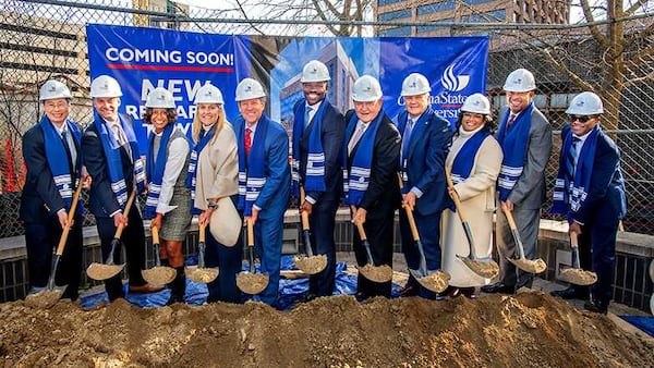 Georgia Gov. Brian Kemp, Georgia first lady Marty Kemp and University System of Georgia Chancellor Sonny Perdue join Georgia State University officials at a groundbreaking for a 155,000-square-foot research tower that is scheduled to be completed in 2026. Photo Credit: Georgia State University.