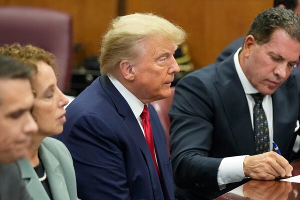 Former U.S. President Donald Trump appears in a Manhattan court during his arraignment on Tuesday, April 4, 2023, in New York City. (Seth Wenig/Pool/Getty Images/TNS)