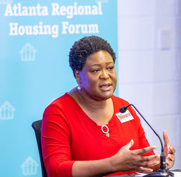 Felicia Moore participate in the Atlanta Regional Mayoral Forum, moderated by Bill Bolling, is centered around Atlanta's housing challenges and takes place in two parts Wednesday, Oct 6, 2021.   (Jenni Girtman for The Atlanta Journal-Constitution)