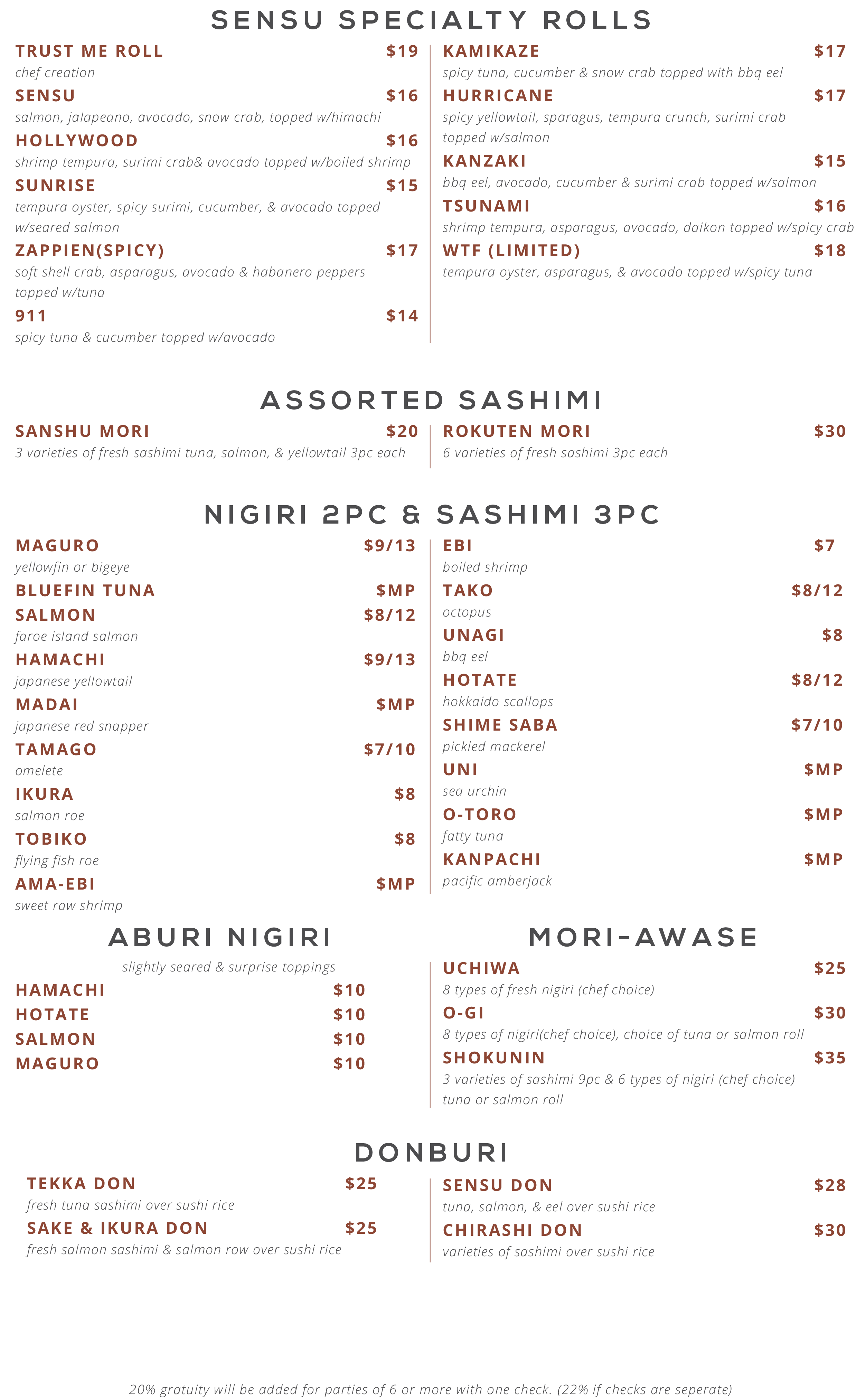 The menu for Sensu Sushi Restaurant & Bar.