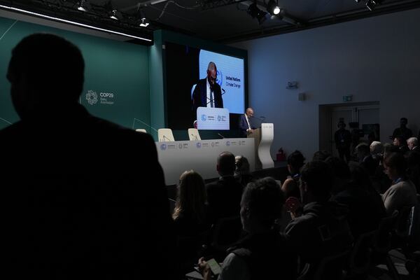 John Podesta, U.S. climate envoy, speaks during a news conference at the COP29 U.N. Climate Summit, Monday, Nov. 11, 2024, in Baku, Azerbaijan. (AP Photo/Joshua A. Bickel)