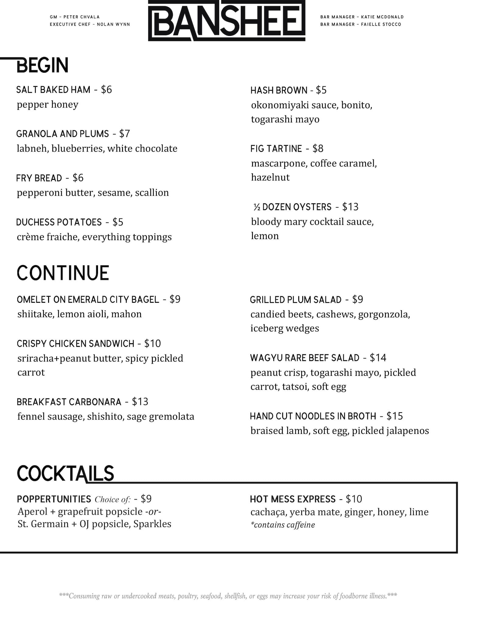 Brunch menu at Banshee