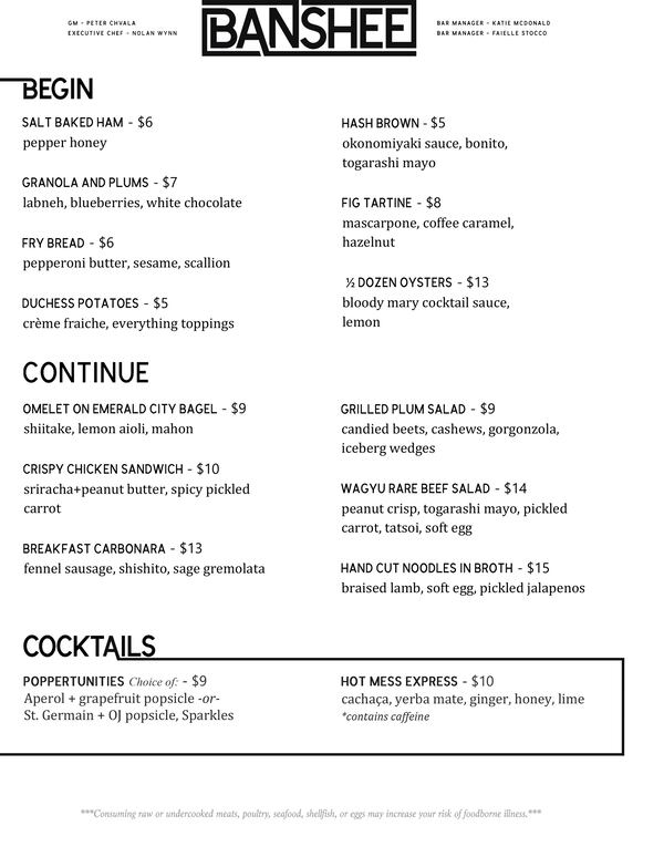 Brunch menu at Banshee