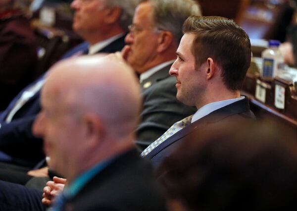 2/25/19 - Atlanta - Rep. David Clark, R - Buford, watches House Speaker David Ralston during Morning Orders this morning where Ralston addressed accusations that he has abused his authority.  Clark has called for Ralston's resignation.  Several Republican lawmakers signed onto a resolution calling for Georgia House Speaker David Ralston to resign over his use of power to delay cases of defendants accused of crimes.   Bob Andres / bandres@ajc.com