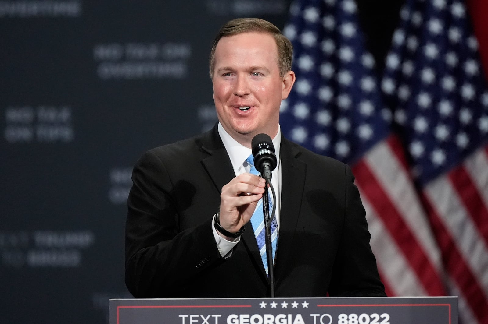 FILE - Congressional candidate Brian Jack speaks before Republican presidential nominee former President Donald Trump at a campaign event at the Cobb Energy Performing Arts Centre, Tuesday, Oct. 15, 2024, in Atlanta. (AP Photo/John Bazemore, File)