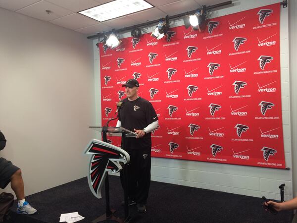 Falcons coach Dan Quinn talking to the media after Friday's rookie minicamp practice. (D. Orlando Ledbetter/DLedbetter@ajc.com)