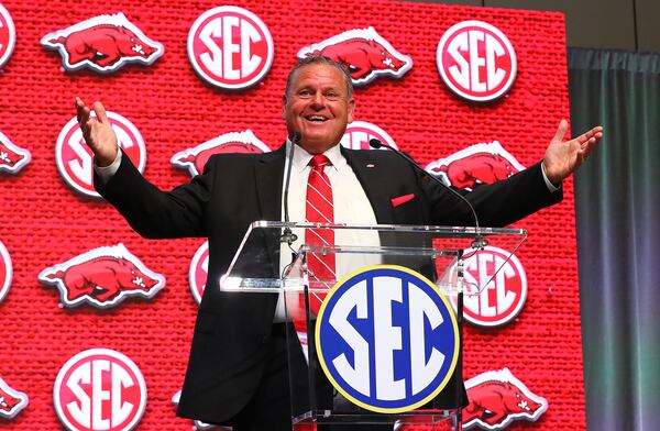 072022 Atlanta: Arkansas head football coach Sam Pittman speaks at SEC Media Days in the College Football Hall of Fame on Wednesday, July 20, 2022, in Atlanta.   “Curtis Compton / Curtis Compton@ajc.com”