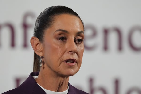 Mexican President Claudia Sheinbaum gives her morning press conference at the National Palace in Mexico City, Tuesday, March 4, 2025. (AP Photo/Marco Ugarte)