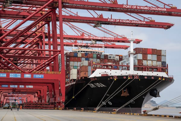 
                        FILE -- A cargo ship at the Port of Ningbo-Zhoushan in the Zhejiang province of China on March 27, 2024. President-elect Donald Trump’s tariff threats against China, Mexico and Canada were a reminder of his disruptive global agenda. (Gilles Sabrie/The New York Times)
                      