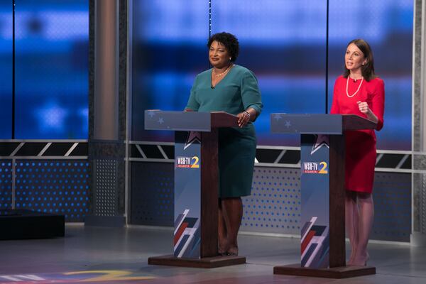 Democratic candidates for governor Stacey Abrams, left, and Stacey Evans during a WSB/Atlanta Journal-Constitution debate on Sunday. BRANDEN CAMP/SPECIAL