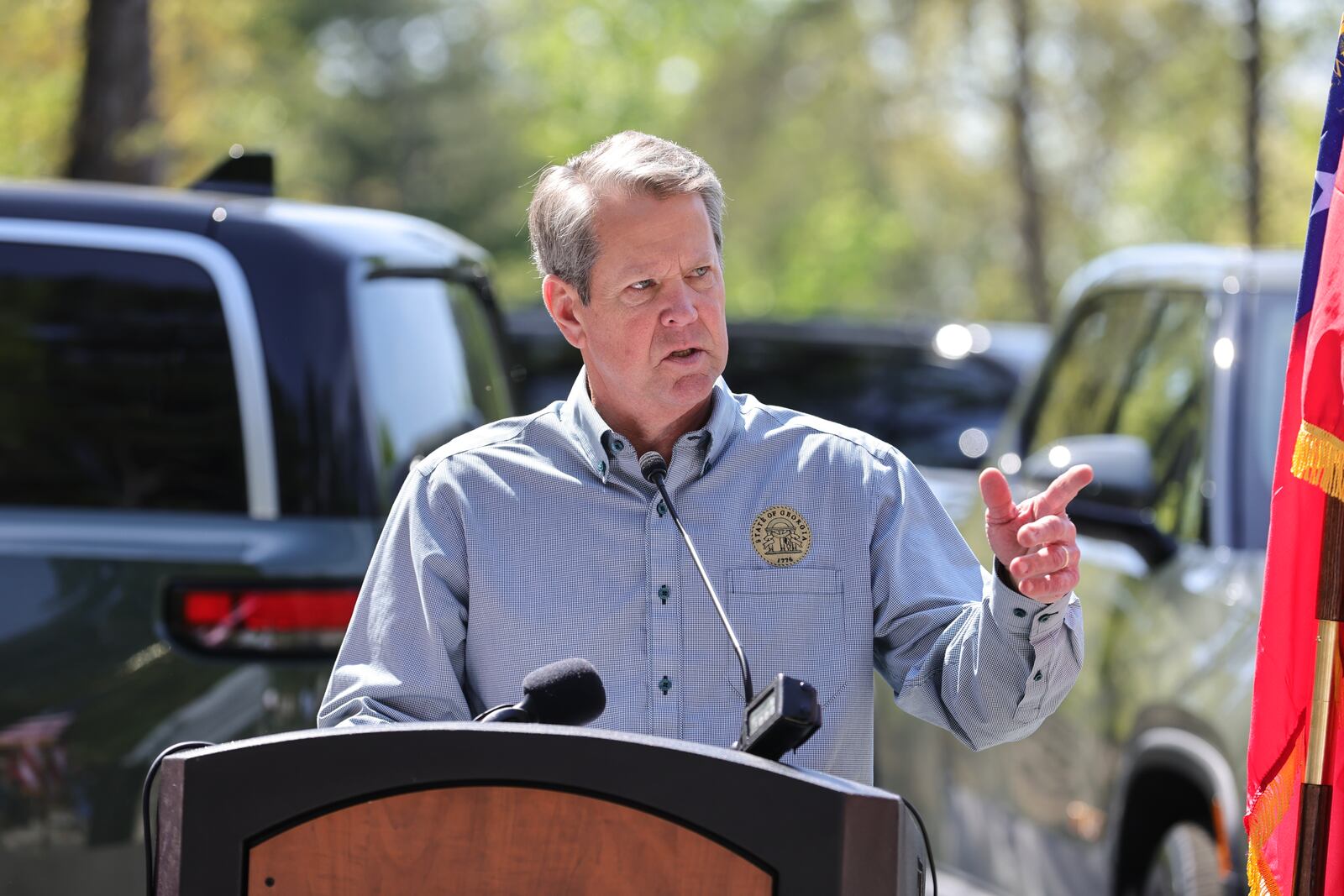 Gov. Brian Kemp speaks during a ceremony unveiling the first ever Rivian electric vehicle chargers at Tallulah Gorge State Park on Thursday, April 20, 2023. (Natrice Miller/ natrice.miller@ajc.com)
