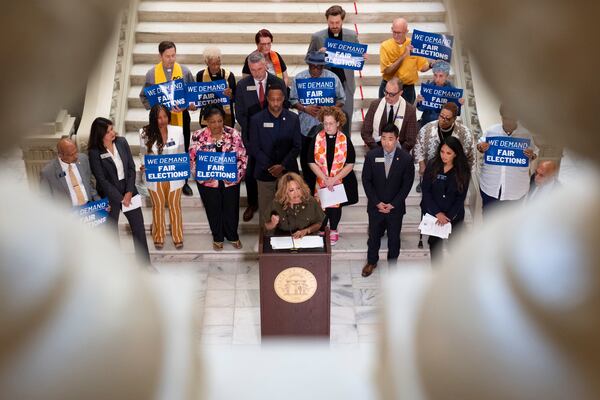 U.S. Rep. Lucy McBath speaks during a Monday news conference at the Georgia state Capitol.