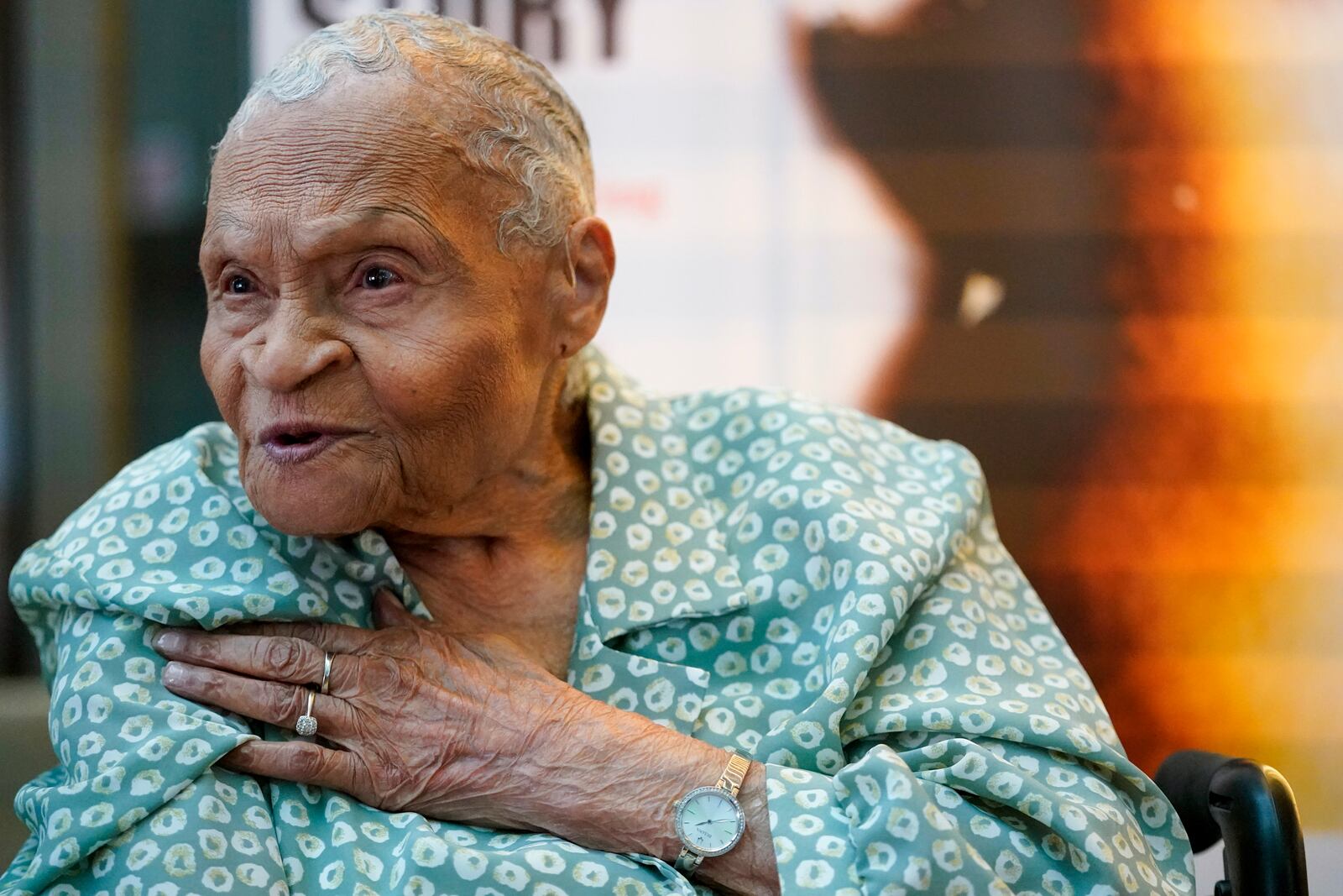 FILE - Tulsa Race Massacre survivor Viola Ford Fletcher gestures while speaking during an interview with The Associated Press, June 16, 2023, in New York. (AP Photo/Mary Altaffer, File)