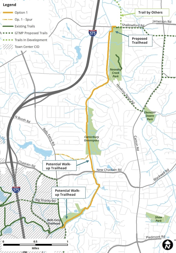 This map shows the proposed Noonday Creek Trail expansion from Noonday Park to the existing trailhead at Bells Ferry Road in Kennesaw. Cobb officials are seeking input from residents on the proposed trail. Cobb County