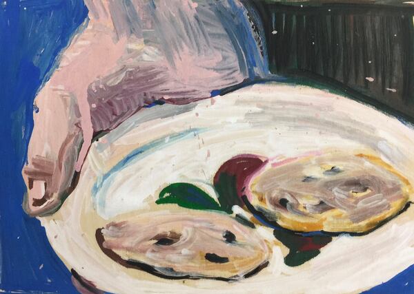 Tori Tinsley’s “Plate of Cookies (Study)” in acrylic on panel. Tinsley has a solo show called “Locating Barbara” at Eyedrum Art and Music Gallery.