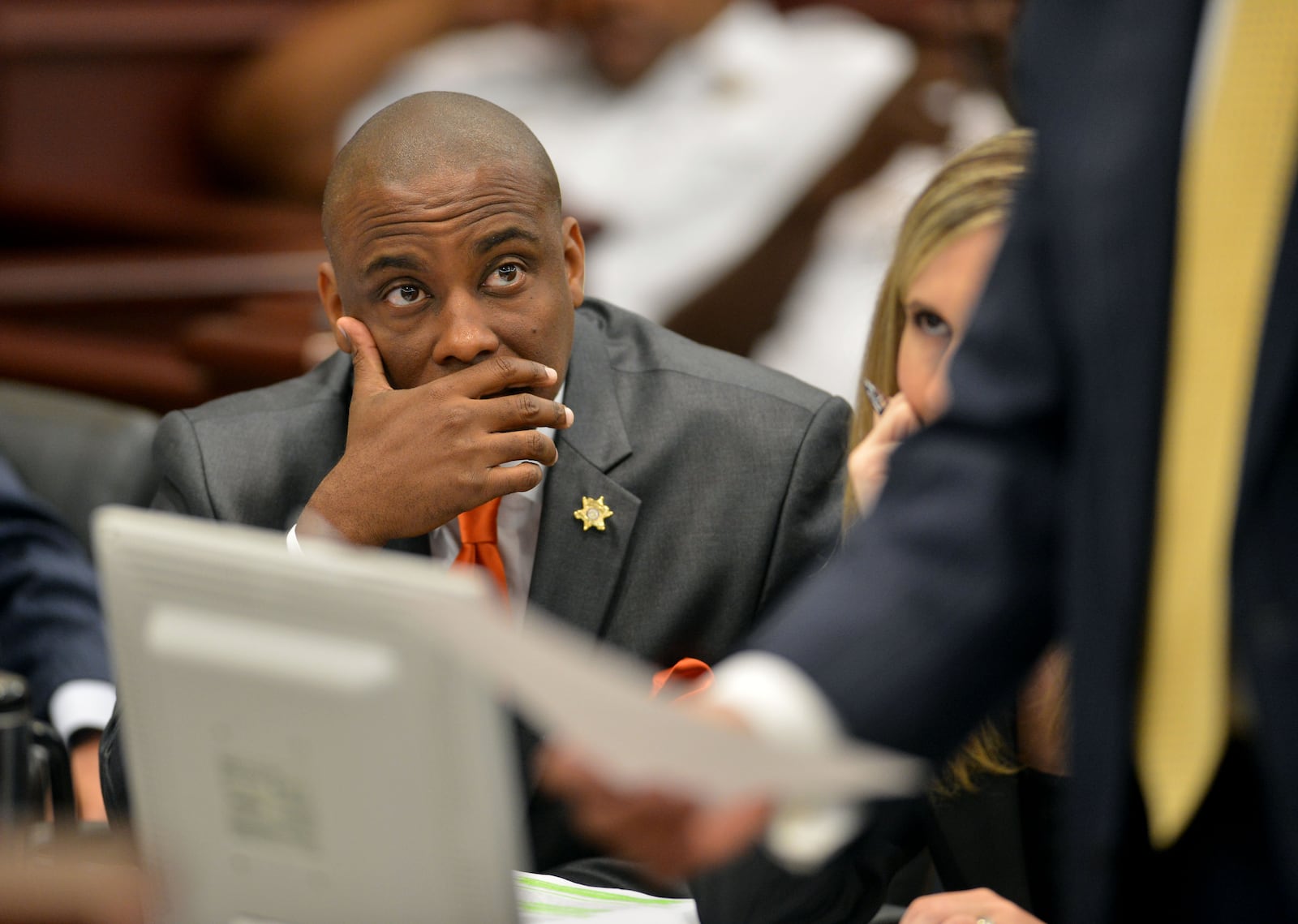 AUGUST 2, 2013 JONESBORO Victor Hill listens to his attorney, Steven Frey during arguments Friday. Clayton County Superior Court Judge Albert Collier presides over a pre-trial motions hearing on Friday, August 2, 2013. Lawyers for indicted Clayton County Sheriff Victor Hill and the state presented various motions during the hearing on Friday. KENT D. JOHNSON / KDJOHNSON@AJC.COM