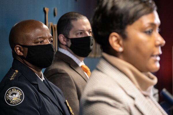 Atlanta Mayor Keisha Lance Bottoms, Police Chief Rodney Bryant and Lt. Peter Malecki update journalists on the shooting death of 7-year-old Kennedy Maxie during a press conference on Dec. 29, 2020, at Atlanta Police Department headquarters. (Ben Gray for The Atlanta Journal-Constitution)