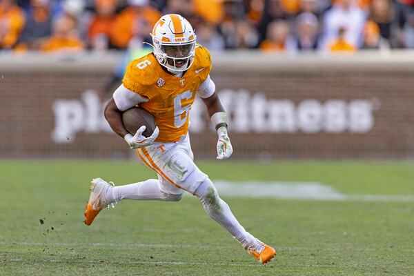 Tennessee running back Dylan Sampson (63 runs for yardage during the second half of an NCAA college football game against UTEP, Saturday, Nov. 23, 2024, in Knoxville, Tenn. (AP Photo/Wade Payne)