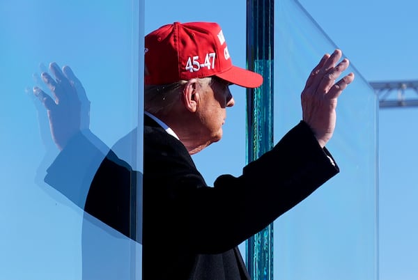 Republican presidential nominee former President Donald Trump gestures as he finishes speaking at a campaign rally in Lititz, Pa., Sunday, Nov. 3, 2024. (AP Photo/Evan Vucci)