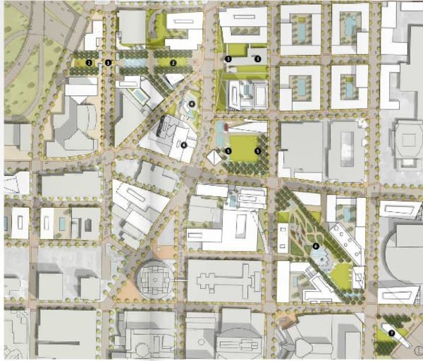 An early proposal of "The Stitch" concept from 2016 imagined what Atlanta's street grid could look like if the Downtown Connector was capped at Peachtree Street and Ralph McGill Boulevard. (Rendering by Jacobs)